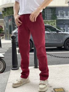 กางเกงลำลองชายยืดหยุ่นทรงสลิมฟิต กางเกงขายาวทรงเดนิมสีแดงสดสำหรับฤดูใบไม้ร่วงและฤดูหนาว กางเกงขายาวทรงธุรกิจสำหรับเยาวชน
