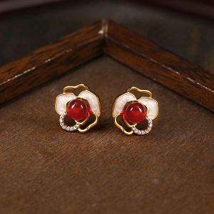 Red Camellia Earrings New Chinese Style Vintage Courtship Fashion Jewelry for Women Matching Cheongsam Ear Decorations