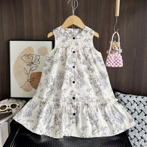 Menoea ชุดเดรสเจ้าหญิงกระดุมแถวเดียวแขนกุดคอกลมภาพวาดหมึกเรียบเสื้อผ้าฤดูร้อนสำหรับเด็กผู้หญิงทารกสำหรับเด็กแบบแฟชั่นเสื้อผ้าลำลอง