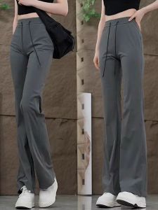 Fashionable Ice Silk Micro-Flared Pants for Women High Waist Slimming Casual Trousers with Pocket Polyester Fiber Material