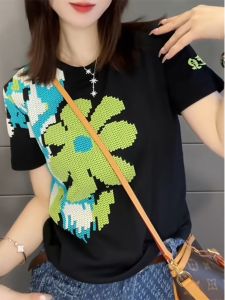 Vật Có Hoa In Hình Áo Thun Nữ Tay Ngắn Cho Nữ Plus Kích Thước Giảm Béo Che Bụng Phong Cách Mùa Hè Cổ Tròn Quần Áo Làm Việc