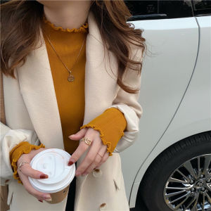 เสื้อสเวตเตอร์ถักทรงเข้ารูปคอปกสูงครึ่งตัวสำหรับผู้หญิง เสื้อชั้นในแฟชั่นฤดูใบไม้ผลิ 2025 แขนยาว สีพื้น ผ้าโพลีเอสเตอร์