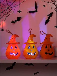 โคมไฟ LED รูปฟักทองฮาโลวีน 1 ชิ้น ไฟเทียนฟักทอง แมงมูม ใช้แบตเตอรี่ สำหรับตกแต่งบ้านผีสิง