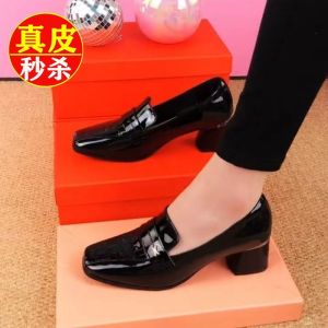 Genuine Leather Single Shoes for Women Spring New Square Head Low Heel Medium Heel Work All-Match Shoes for Middle-Aged Mothers