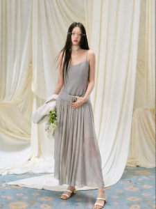 La lune Du ciel | Đầm Voan Thêu Elegantly See-through Phối Đai Lưng Pha Len