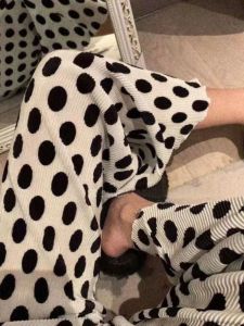 Street Style Polka Dot Pants Womens High Waist Wide Leg Floor Length Black Dot Straight Cut Casual Trousers Summer Trend