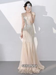 Champagne One-Shoulder Mermaid Sequin Evening Dress