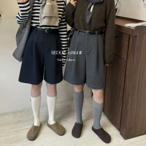 Red Lip Winter Woolen Material Casual Straight Leg Womens Five-Quarter Wide Leg Pants High Waist Comfortable Fit Trousers