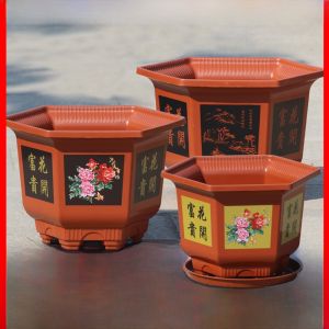 Small Hexagonal Plastic Flower Pot Resin Simulation Ceramic Potted Plant Desktop Balcony Home Garden Greenery Flower Pot