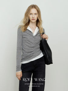ROEYWANG Womens Long Sleeve Knitted T-shirt Pure Cotton Comfortable Elastic round Neck Button Design Color Block Top