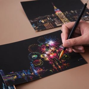 4Pcs/set A5 DIY Scratch Painting Cherry Blossoms Classical Building Landscape Parrot Animal Scratch Painting Drawing Toys