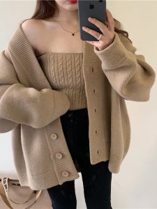 Chic Retro Pure Desire Style Cable Stitch Wrapped Chest Camisole Women + Loose Knitted Cardigan Sweater Outwear Two-piece Set