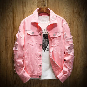 Trendy Ins Denim Jacket Mens Extra Fat Plus Size Ripped Overalls Japanese-Style Retro Pink Couple Tops