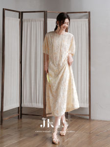 JK&JS | Silk Satin Brocade Round Neck 3/4 Sleeve Dress