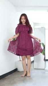 Dress Natal Terbaru Bahan Brokat Korean Style Dress Tahun Baru Imlek Michele Remaja Modern Teracotta