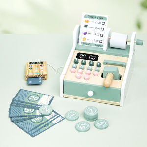 Wooden Simulated Cash Register Pretend Play Toy with Toy Coins and Bills Children Shopping Play House Game for Kids 3 Years Gift