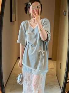 Bộ Hai Mảnh Tay Ngắn Thoải Mái Rộng Rãi Có Nút Bướm Ren Dành Cho Phụ Nữ Mùa Hè 2024 Cotton Vải Bông Cổ Chữ V Váy Trên Cao