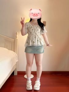 Slimming Effect French Style Square Collar Puffy Sleeve Shirt Womens plus Size Top Waist Cinched Belly Concealing Design