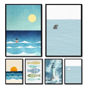 1 PC Aesthetic Coastal ผ้าใบ Wall Art Seaside Beach นกปลา House Decor Modern Ocean WAVES Minimalist พิมพ์โปสเตอร์ VINTAGE