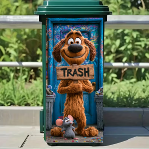 Fun trash can sticker - cute dog and mouse "TRASH" logo design suitable for outdoor kitchen and home decoration