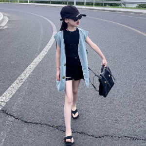 Retro Vintage Girls Denim Vest Childrens Fashion Heavy Duty Rivet Tank Top Spring Autumn Seasonal Kids Clothing Vest