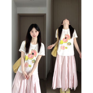 XIANGBAIWEI | Snow Cotton Pitsaya Patterned Loose Round Neck T-Shirt