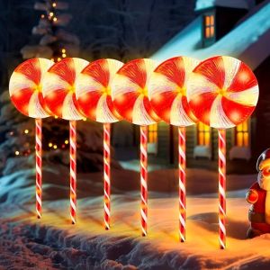 5pcs Solar-Powered Candy-Shaped Outdoor Lights - Festive Red & White LED Garden Pile Lights，Christmas Decorations