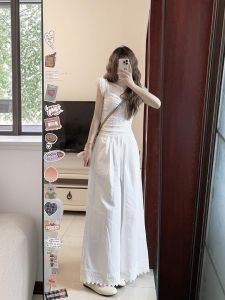 XUECAIQI | Sweet Style Summer Set V-neck Blouse Flounce Sleeve Wide-leg Pants