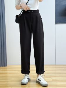 สูง เอว หลวม Fit ผ้าฝ้าย กางเกงลำลอง ผู้หญิง สไตล์ธุรกิจกึ่งยืดหยุ่น เอว ขาตรง กางเกงขายาว ฤดูใบไม้ร่วง แฟชั่น