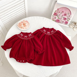 LEMON Girls Dress Red Christmas Girls Spring and Autumn Dress แขนยาวทารกคลานชุดอายุหนึ่งปี