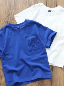 High Quality Childrens Clothing Boys Summer Short Sleeve round Neck T-Shirt Heat Pressed Tiger Head Design Cotton Polyester Blend