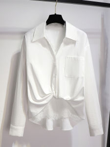 LANQIONG | White Lace Trim Asymmetrical Long Sleeve Shirt for Women