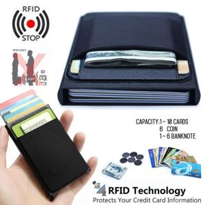 Slim Aluminum Smart Wallet With Elasticity Back Pouch ID Credit Card Holder Mini RFID Wallet Automatic Pop up Bank Card Coin Case