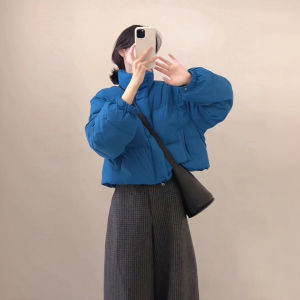 XUECAIQI | Winter Korean Style Klein Blue Short Cotton Coat and Plaid Leisure Pants Set