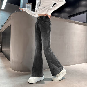 Girls Fleece Lined Flared Jeans Thickened Fashionable Korean Style Childrens Bootcut Pants High Waist Long Trousers for Kids