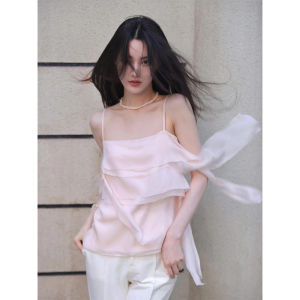 Elegant Pink Halter Neck Top Womens Summer Fashion Layered Tassel Detailing Sweet Style Loose Fit Single Piece Solid Color
