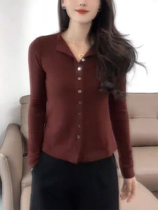 QINGNAER | Vintage Large Size Wine Red Buttoned Waist Shaping Long Sleeve T-shirt