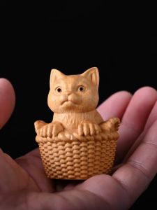 Cycas Bamboo Basket Cat Statue Car Decoration Creative Wood Carving Birthday Gift Natural Wood Color Handmade Crafted