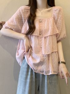 Slimming Large Size Womens Summer Chiffon Shirt with Lace Hem Cover Belly French Style Square Collar Short Sleeve Top
