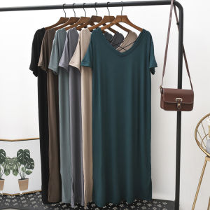 Váy Modal Hở Lưng Cổ Chữ V Mùa Hè Mỏng Rộng Rãi Cỡ Lớn Tay Ngắn Váy Ngủ Dài Chữ a Váy Công Sở Phong Cách Hàn Quốc