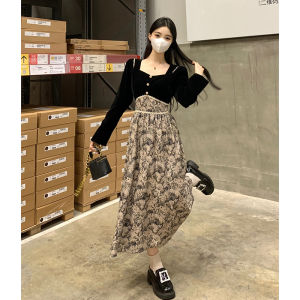 French Vintage Floral Dress Womens Autumn Winter New Large Size Beautiful Waist Shaping Design Sense Base Layer Dress