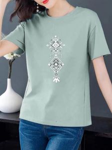 Womens Pure Cotton Short Sleeve T-Shirt Summer New Korean Loose Print plus Size Versatile Slim round Neck Base Shirt