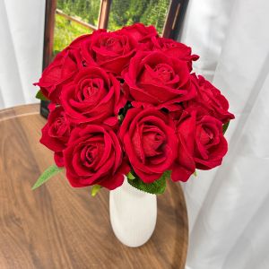1pcs Realistic Artificial Red Rose Bouquet - Fake Rose Branch for Wedding Birthday Floral Arrangement & Home Decor