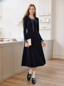 XIANGYING | Đầm Kniết Slim Waist Tay Dài Màu Hải Quân