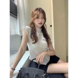 เสื้อสเวตเตอร์ถักแขนสั้นทรงเข้ารูปสำหรับผู้หญิง ทรงเข้ารูป คอปกสูงครึ่งตัว ทรงเข้ารูป ทรงเข้ารูป ฤดูร้อน 2025 เสื้อชั้นในลายไม่สมมาตร