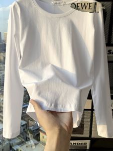 White Pure Cotton Long Sleeve Base Shirt Womens Short Thin U-Neck Spring Autumn Inner Wear Slim Fit round Neck T-Shirt