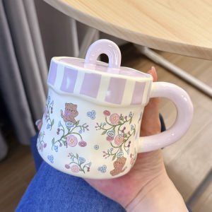LUXIAOSHI | Kawaii Purple Cat Floral Ceramic Cup With Lid and Handle