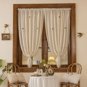 Japanese Style Simple Semi Curtain Kitchen Short Curtain Tassel Linen like Curtain French Country Lace Curtain Bedroom Partition Door Curtain
