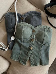 Denim Style Wear Denim Tube Top Vest Womens Summer Outwear Chest Pad Integrated Wrapped Chest Chic Split Strapless Tops