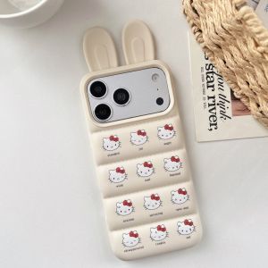 Sanrio | Rabbit Ear Down Jacket Sanrio KT Cat Phone Case For iphone 17 16 15 14 13 Pro Max Silicone Shockproof Protective Soft Cover